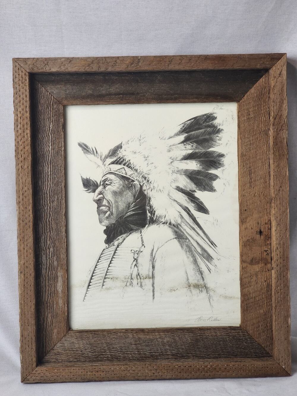 Native American Chief Pencil Drawing Print Reclaimed Wood Framed Signed